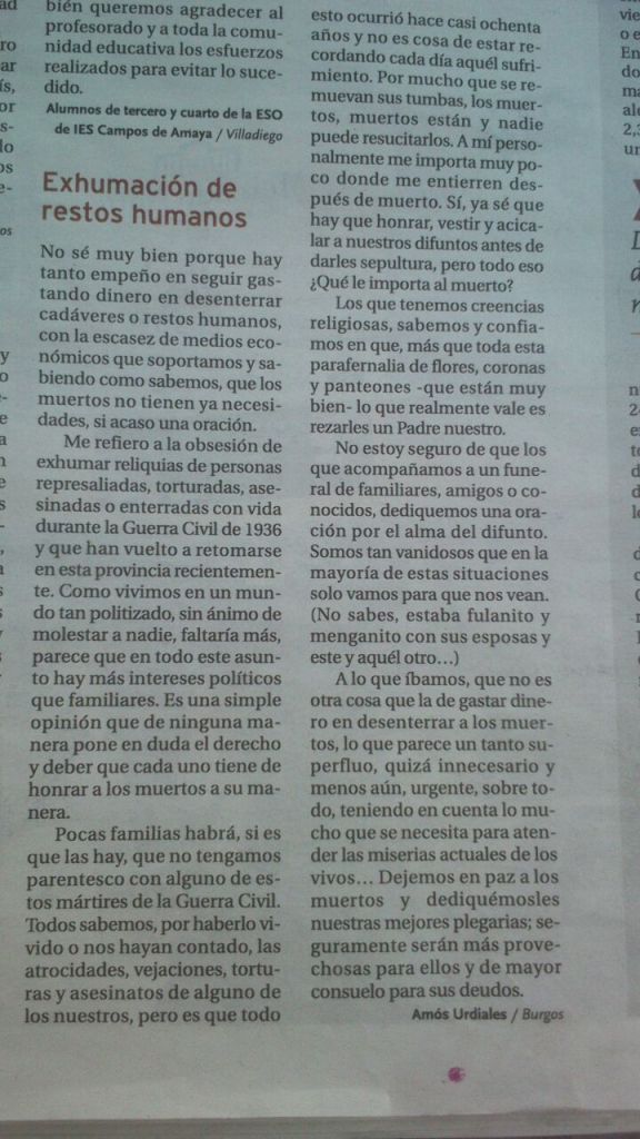 Carta de Amón Urdiales en el Diario de Burgos